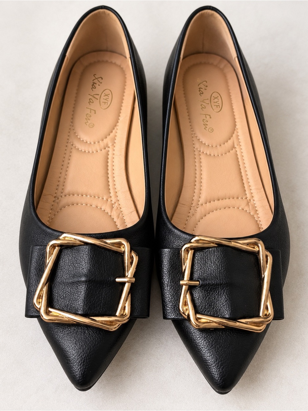 Black Pointed Toe Ballet Flats Gold Buckle Size 8 Estimated